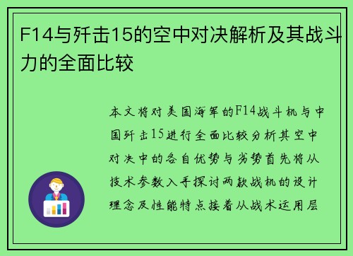 F14与歼击15的空中对决解析及其战斗力的全面比较